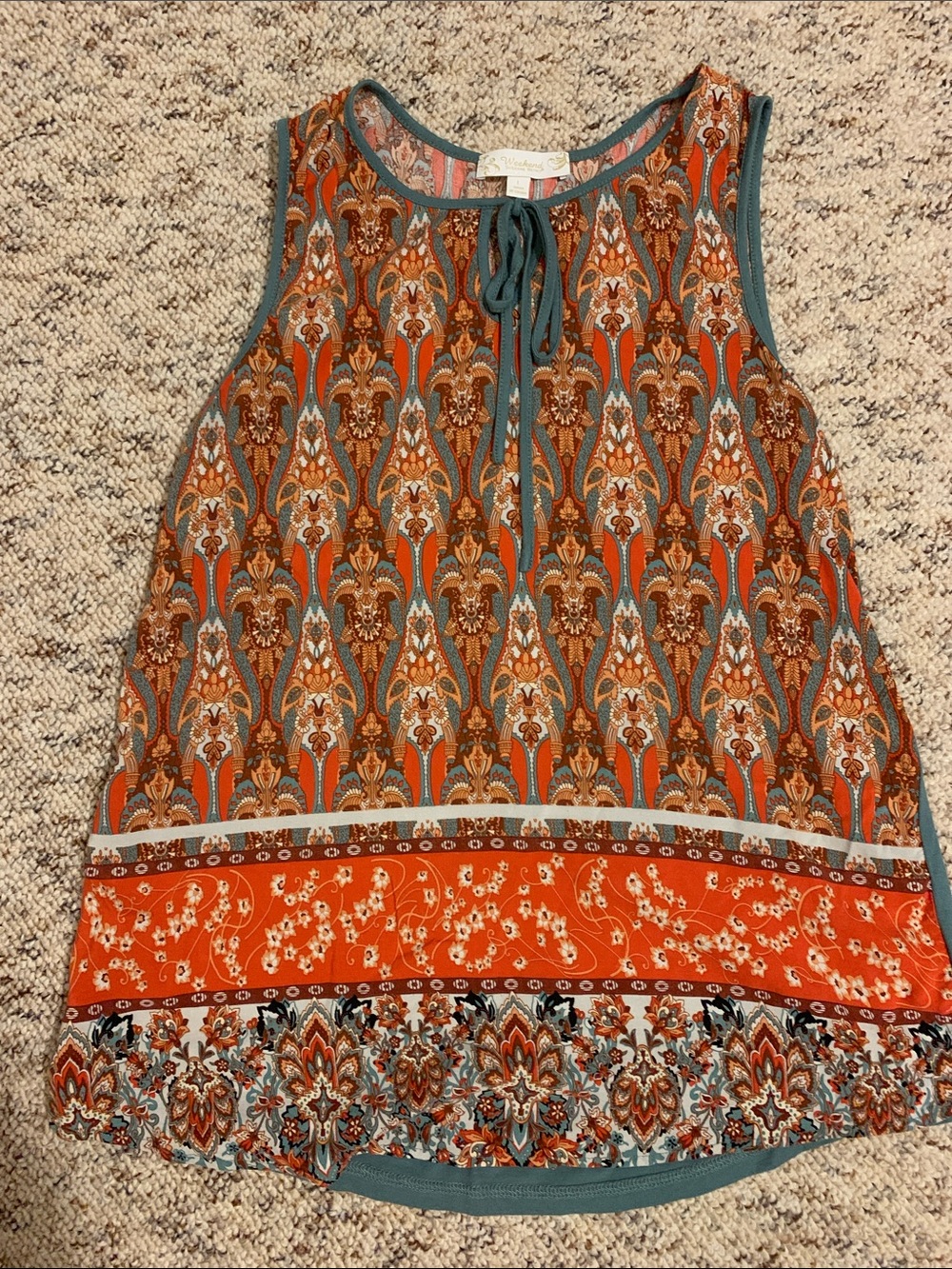 Suzanne Betro Orange & Teal Paisley Tie-Neck Sleeveless Top